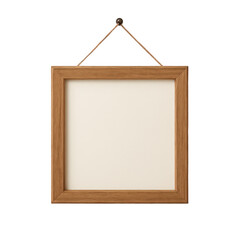 Empty square light brown wooden frame hanging on a wall by string, ready to showcase your favorite art or photos.