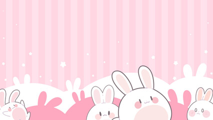 Pastel pink background decorated with an army of cute rabbits.