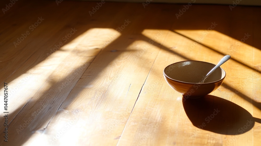 Leinwandbilder a ceramic bowl with a spoon rests on a wooden table, illuminated by gentle morning light. soft shado