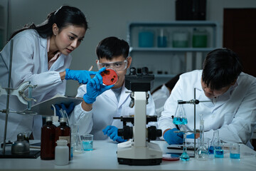 Three young scientists in lab coats working together in a laboratory examining a petri dish for...
