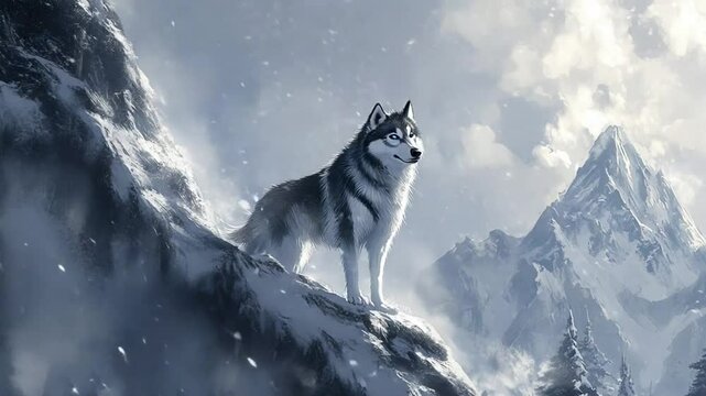 Majestic husky dog standing proudly atop a snow-covered mountain peak in winter scene