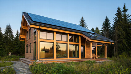 Modern sustainable wooden house with large solar panels in forest setting – energy-efficient eco home with glass facade and natural surroundings