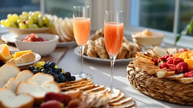 An inviting brunch spread featuring a colorful assortment of fresh fruits and mimosas, perfect for celebrating special moments with loved ones and enjoying a vibrant atmosphere.