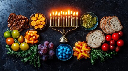 Festive Hanukkah spread with colorful foods and menorah