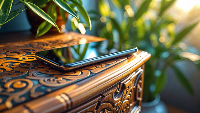 A sleek smartphone sits atop an antique, carved wooden table with a blurred green backdrop.