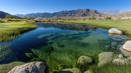 Crystal clear water reflecting mountains and grasses beneath the bright blue sky