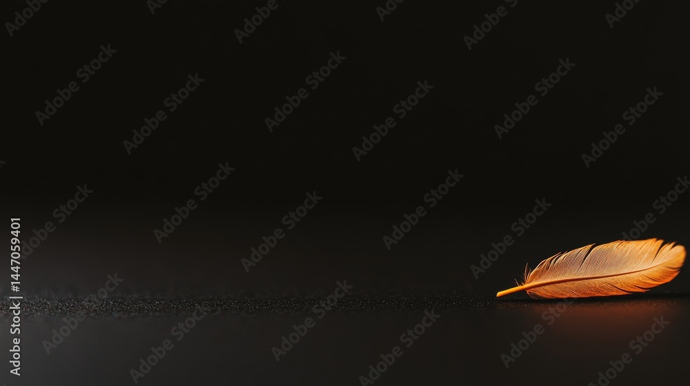 Poster A single white feather is placed on a matte black surface, illuminated by soft light that enhances its intricate texture, leaving space for text on the right