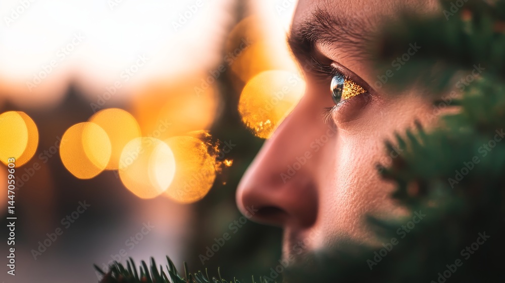 Aufkleber close-up of a single gold eyelid peeking from behind a frosted pine branch, with soft festive lights
