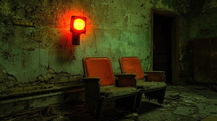 Two old chairs and a red light in a decaying building