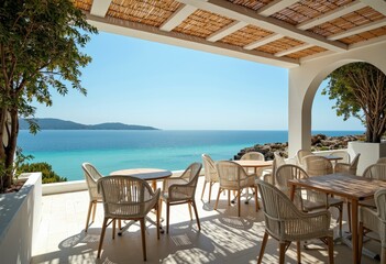 Obraz premium Coastal restaurant seating with ocean view and sunny ambiance 