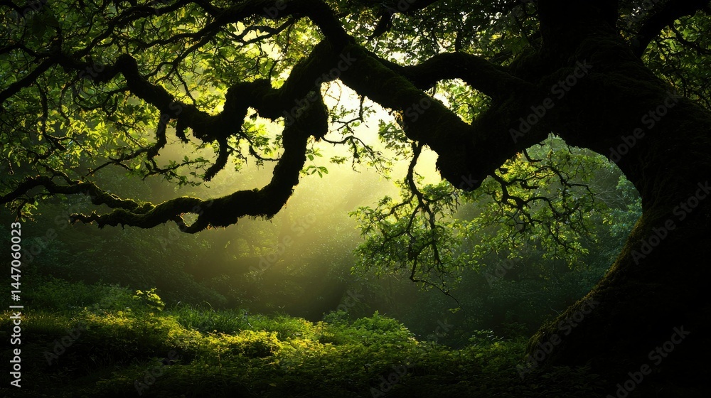 Poster a large tree with branches silhouetted in a forest setting