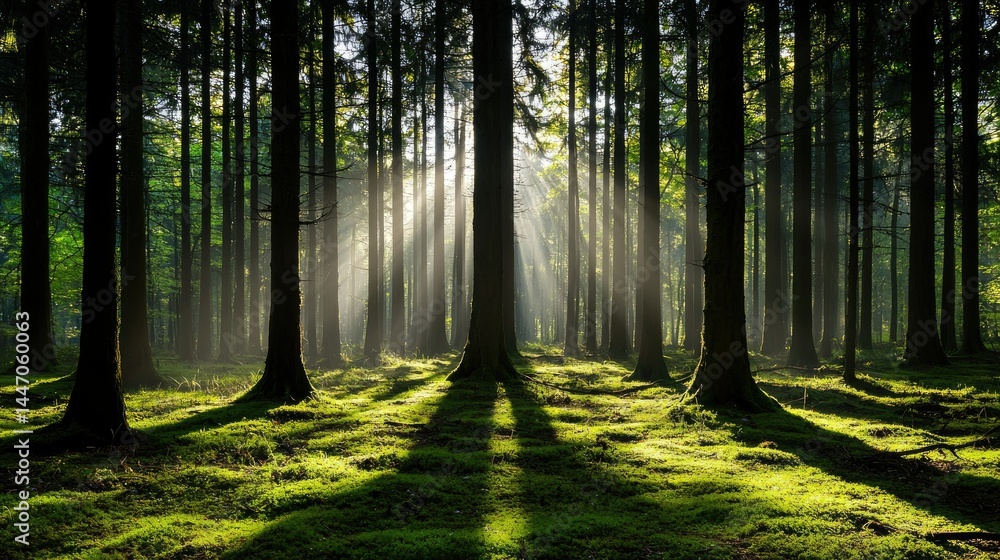 Poster sunlight streaming through a dense forest filled with tall trees