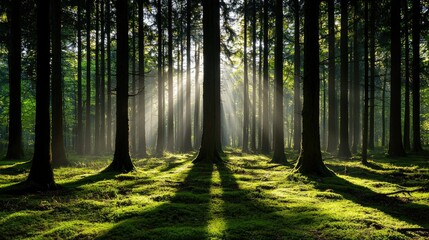 Fototapeta premium Sunlight streaming through a dense forest filled with tall trees