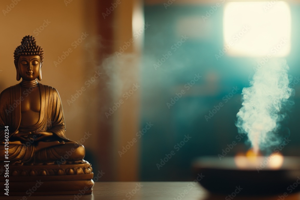 Aufkleber A golden Buddha statue surrounded by soft lighting and light mist creates a serene atmosphere, inviting contemplation and peace in a calm setting