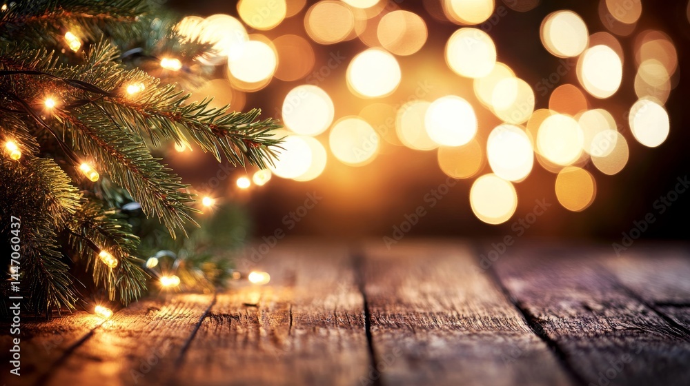 Poster a conifer branch is intricately adorned with tiny warm fairy lights, set against a softly blurred da