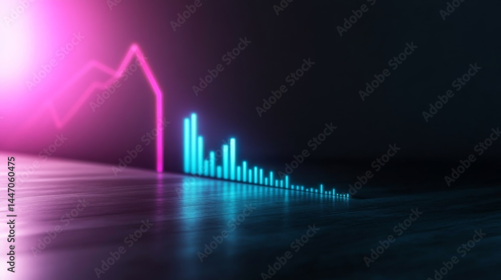 Poster A glowing bar chart displays sharp upward trends in neon blue, highlighting rapid growth and success against a dark gradient background with copy space available