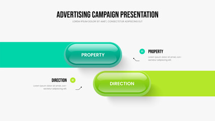 Enterprise Launch Slide Layout Vector Illustration. Professional Review Two Step Diagram Frame Template. Modern Development 2 Option Infographic Presentation Design.