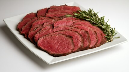 Close-up of a perfectly sliced smoked sirloin steak presented on a white ceramic plate, accented by fresh rosemary, ideal for food enthusiasts and culinary art