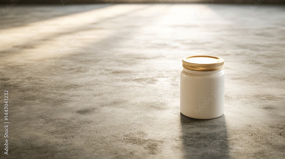 Poster close-up of a sleek white ceramic jar featuring a delicate gold rim set against a textured ivory bac