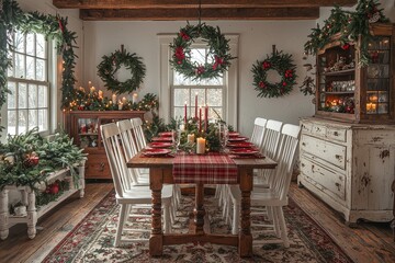 Fototapeta premium Cozy Christmas dining room with vintage wooden furniture, festive decorations, red plaid placemats, white chairs, candles, greenery, and farmhouse cottage style.