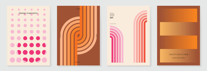 Set of abstract colorful stripes background vector. 70s retro vintage illustration creative cover with rainbow lines, curve geometric shapes. Design for decorative, wall art, poster, banner.