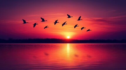 Fototapeta premium Birds in flight at sunset over water