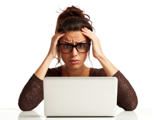 Woman holding her head in pain while working on laptop, isolated on transparent cutout background