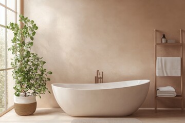 Bathtub and plant in bathroom on white background on transparent background