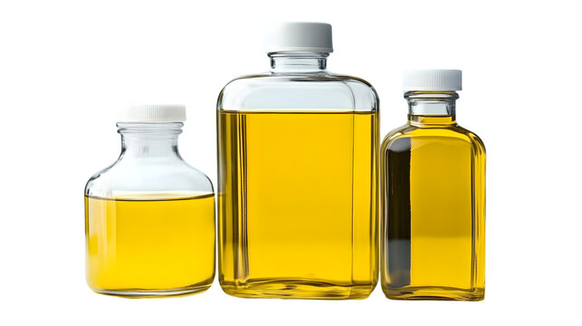 Illustration Of Different Size Clear Glass Rectangular Bottles With Yellow Liquid And White Caps Isolated On Transparent Background
