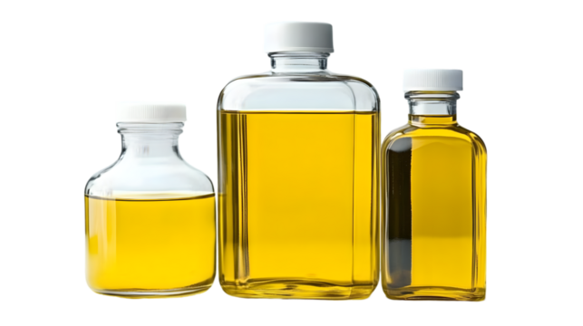 Illustration Of Different Size Clear Glass Rectangular Bottles With Yellow Liquid And White Caps Isolated On Transparent Background - Powered by Adobe