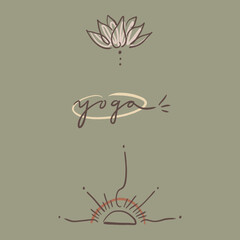 Calligraphic minimalistic lettering yoga logos or icons set, meditation Reiki modern brush hand-drawn linear drawing handmade style, sun and lotus symbols of life, calm palette, terra-cotta color