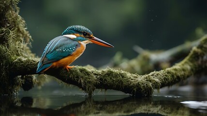 Common kingfisher perched on mossy branch over calm river, reflection in water, natural forest background.