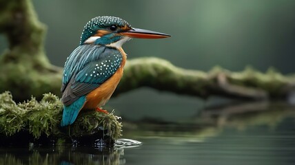 Common kingfisher perched on mossy branch over calm river, reflection in water, natural forest background.