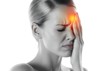 Young woman with migraine holding her forehead, isolated on transparent cutout background