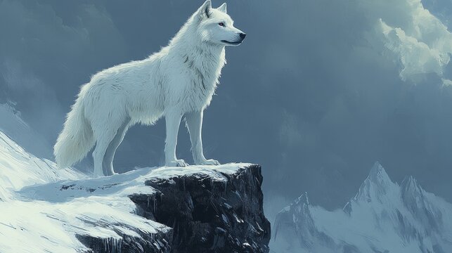 Arctic sentinel a solitary white wolf stands vigilant on a snow covered cliff overlooking a vast and imposing mountain range under a winter sky