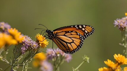 Fototapeta premium Monarch butterfly perched on a vibrant wildflower, captured in sunlight with wings beautifully highlighted.