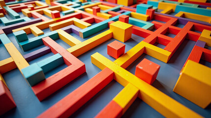 Large maze made up of colorful wooden blocks arranged in a grid-like pattern.