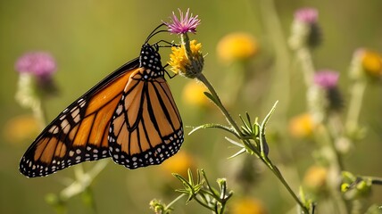 Obraz premium Close-up of a Monarch butterfly on a wildflower in a sunlit meadow, showcasing vivid wing details.