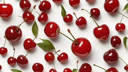Bright red cherries on a white background, showcasing their glossy texture and rich color in a simple, elegant setup.