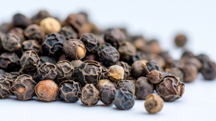 Close-up of peppercorns, various shades of dark brown and light brown, clustered together on a light background