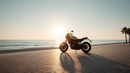 Motorcycle parked on a coastal road under soft sunlight, offering a sense of freedom