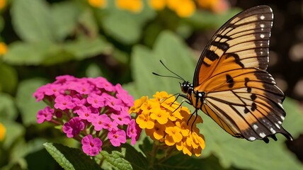 Obraz premium Tiger-striped butterfly perched on lantana flowers, with wings blending orange, black, and yellow in the sunlight.