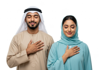 Thank You. Grateful Young Arab Man And Woman With Eyes Closed Keeping Both Hands On Chest, Thankful Middle Eastern Couple Expressing Grattitude White background