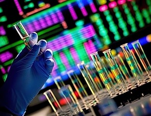 Scientist holding a test tube filled with liquid,  surrounded by other test tubes and a computer screen displaying data