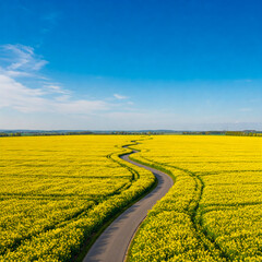 Obraz premium A road winding through a field of blooming rapeseed seen from above