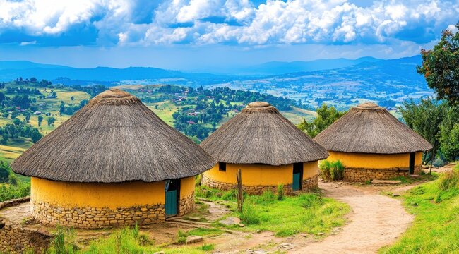 Traditional huts on a hillside, scenic vista