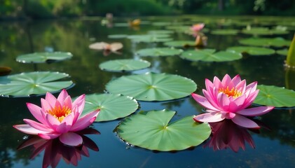 Water lilies create a natural floral pattern across the lake's surface, design, white