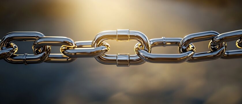 Close-up of a metallic chain link shining.