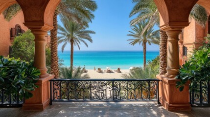 Fototapeta premium Luxury Beach Resort View: Turquoise Waters and Palm Trees