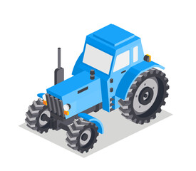 Fototapeta premium Isometric tractor isolated on white background. Blue cabin. Large heavy modern agricultural tractor for fieldwork.